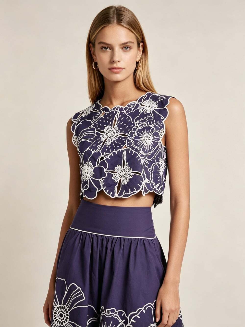 NWOT Farm Rio Floral Embroidered Navy Blue Sleeveless Crop Top Size XS